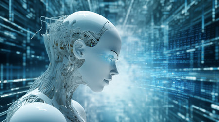 Cybergirl robotic humanoid side head view with many wires interlaced inside head with futuristic digital and data transferring background. Artificial intelligence AI and androids future concept.の素材