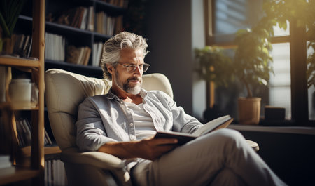 Stylish senior grey hear bearded man in glasses dressed light comfortable casual home clothing sitting in cozy armchair reading paper bestseller novel book in home library.Happy retirement concept.の素材