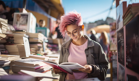 Caucasian girl student with fancy pink hairstyle on street book Flea market looking for interesting books between rows. University, education, knowledge, scholarship and smart people concept image.の素材