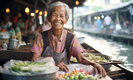 Beautiful aged Thailand woman in boat sincerely smiling at camera on river water floating market. She offers fruits and vegetables to locals and tourists. Local small business and traveling concept.の素材