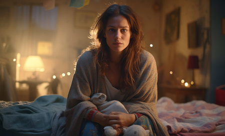 Lonely sad woman sitting on rumpled bed in dark family bedroom and gezing at camera with tired glance.  Mental health, woman harassment, couple relations problems, insomnia concept image.の素材