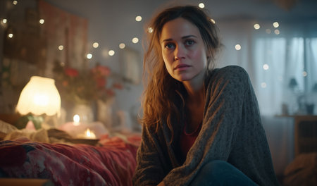 Lonely sad woman sitting on rumpled bed in dark family bedroom and gezing at camera with tired glance.  Mental health, woman harassment, couple relations problems, insomnia concept image.の素材