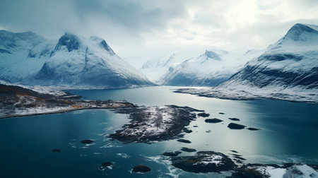 Picturesque Norwegian Winter Fjords landscape photo. Cloudy mountains covered with snow washed by cold Norwegian Sea waves. Beauty in Nature, traveling and Ecology Earth issues concept image.の素材