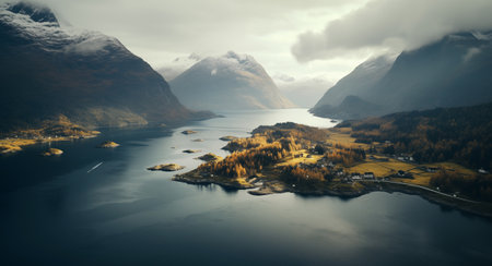 Picturesque Norwegian Autumn Fjords landscape photo. Cloudy mountains covered with first snow washed by cold Norwegian Sea waves. Beauty in Nature, traveling and Ecology Earth issues concept image.の素材