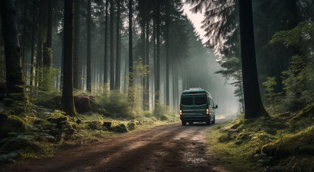 Picturescue nord european forest rural road with a green touristic camper van bus going to the camp site. Romantic camp traveling concept, Mobile Living Captivating Home on wheels.の素材