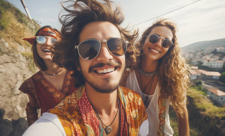 Beautiful Hippies friends man and women in fancy sunglasses happy smiling portraits. They making a selfies while walking to the ocean beach. Freedom and people relations concept.の素材