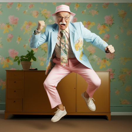 Exceeding funny grandpa in fancy fashionable eyeglasses with grey beard and hair dressed bright colorful pink blue green suit amusingly dancing and ridiculous jumping. Happy retirement of old people.の素材