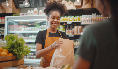 Portrait of happy smiling black woman business owner dressed in uniform and apron gives paper bag with food to a customer in cozy grocery shop. Successful people, hard shopkeeper work conceptの素材