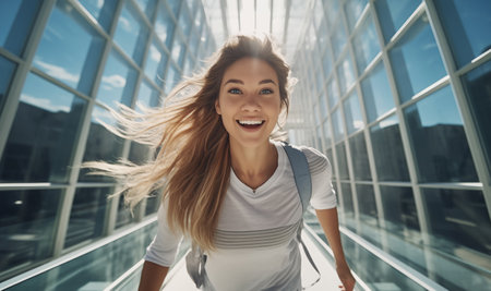 Portrait of cheerfull Smiling caucasian young female with fancy hairstyle in white clothes with city backpack on modern building downtown street. University, education, young teen people concept imageの素材