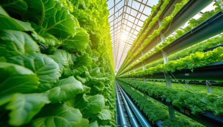 Lettuce ripe bushes close up photo in modern Hydroponics Horticulture farm in daylight greenhouse. Advantages of modern hydroponics industry horticulture and indoor gardening concept.の素材