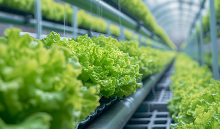 Lettuce ripe bushes close up photo in modern Hydroponics Horticulture farm in daylight greenhouse. Advantages of modern hydroponics industry horticulture and indoor gardening concept.の素材