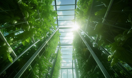 Basil ripe bushes wide angle photo in modern Hydroponics Horticulture farm with glass roof daylight greenhouse. Advantages of modern hydroponics industry horticulture and indoor gardening concept.の素材