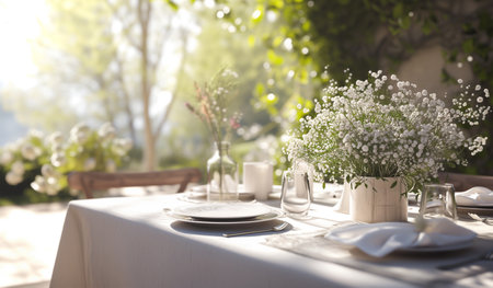 Beautiful white and beige colors table decoration with tablecloth and napkins, fresh flowers bouquet, silver plated Cutlery, elegant and luxury porcelain plates. Sunny terrace with garden view.の素材