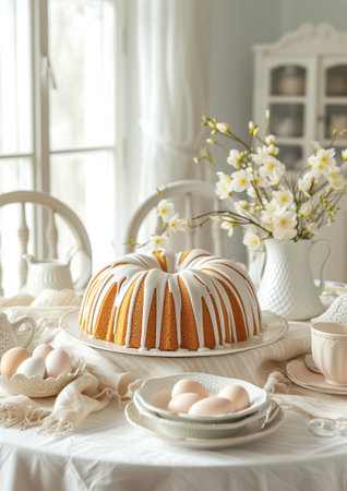 Delicious Bundt cake with icing still life. Beautiful white colors morning table decoration with lace tablecloth and napkins, spring flowers, easter eggs and natural white porcelain plates.の素材
