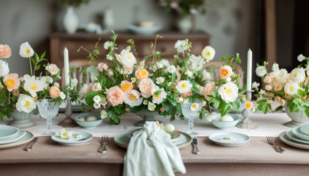 Beautiful pink and beige colors morning table decoration with lace tablecloth and napkins, pinky rose flowers, silver tableware and white porcelain plates additionally decorated with easter eggs.の素材
