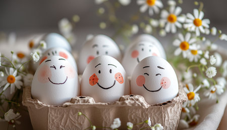Beautiful group of SIX smiling eggs stored in eco eggs tray happy to see you this morning. Calm decoration with lace tablecloth and chamomile flowers. Breakfast eggs - healthy eating.の素材