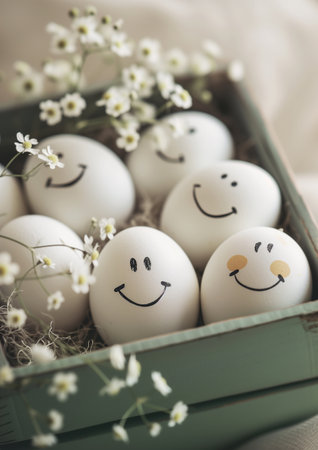 Beautiful group of smiling eggs stored in wooden box happy to see you this morning. Calm decoration with lace tablecloth and chamomile flowers. Breakfast eggs - healthy eating.の素材