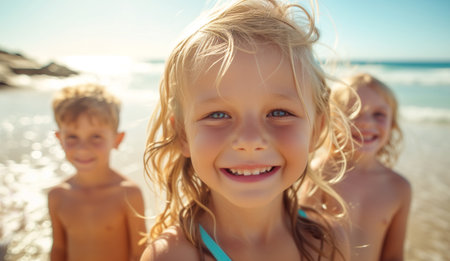 sensitive face portrait of beautiful blonde hair little girl with grey eyes clean skin smiling and staring with sister brother at camera on ocean sandy vacation day. Kids' beauty,fashion and skin careの素材