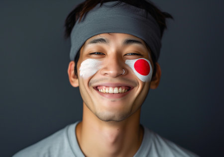 Euphoric National Japan Team Fan with painted in country flag colors face excited Roaring Supporting songs their favorite team straight at the camera. Active sport fans movement and human emotions.の素材