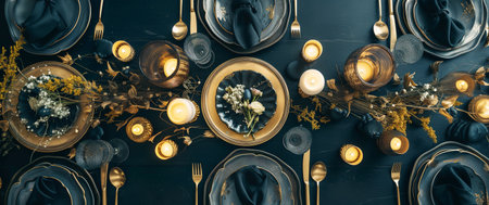 Beautiful black and gold colors table decoration with lace tablecloth and napkins, dried herbs and flowers bouquet, gold plated Cutlery, elegant wine glasses, candles and luxury black porcelain platesの素材