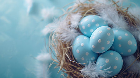 Beautiful group of dotted eggs lying in nest decorated whitef eathers on porcelain plate. Calm decoration with blue color tablecloth. Breakfast eggs - healthy eating and perfect Protein and fat sourceの素材