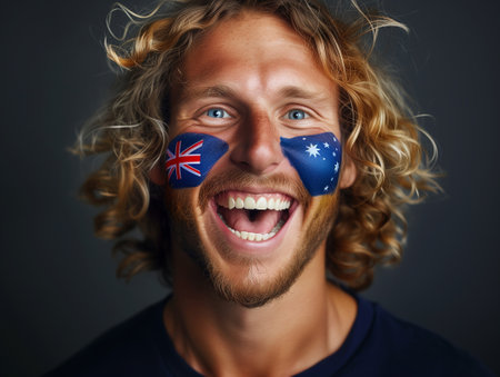 Euphoric National AUSTRALIA Team Fan with painted country flag colors face excited Roaring Supporting songs their favorite team straight at camera. Active sport fans movement and human emotionの素材
