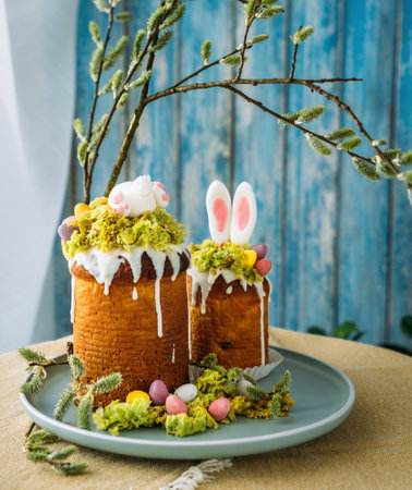 Paska - the Easter Eve sweet bread with icing decorated with eatable "moss" still life. Popular dessert during Eastern Orthodox Easter Holiday. Old cultures traditions and healthy eating concept imageの写真素材