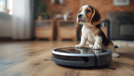 Cute purebred beagle puppy dog portrait on the living room laminate on the modern vacuum cleaner robot smart device while it cleaning floor Allergy prevention during home pets Fur Moulting concept.の素材