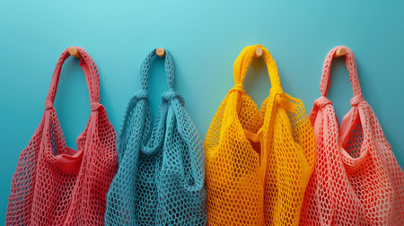 Multicolor shopping bags deep blue background graphic design image. Zero waste and eco-friendly recycling packaging concept image.の素材