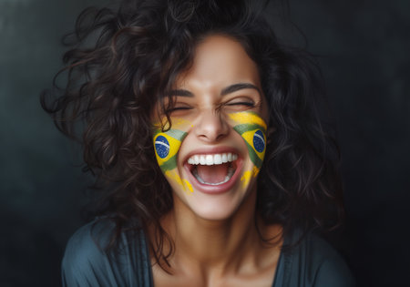 Beautiful girl as Euphoric National BRAZIL Team Fan with painted country flag colors face excited laughing and screaming straight at the camera. Active sports fans movement and human emotions.の素材