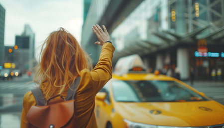 Girl with city leather backpack calling yellow taxi cab raising arm-waving gesture in the city airport arrival zone. Traveling, airport transfer after arriving and city piblic transport concept.の素材