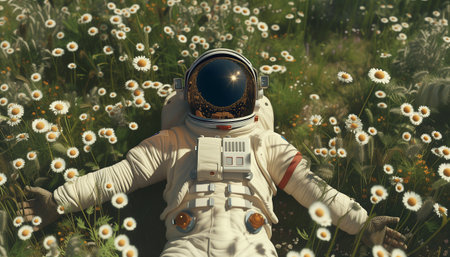 Astronaut returned to EARTH AFTER SPACE mission and just relaxing in space suit and helmet in the grass with beautiful chamomile flowers. Sci-Fi, ecology and human space traveling concept image.の素材