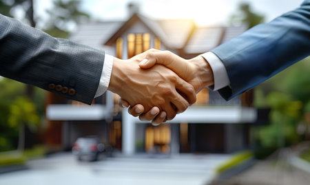 Two businessmen dressed elegant business suits handshake image with exceptional family house real estate on background. Success business, houses rentals, bank mortgages, home construction conceptの素材
