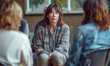 Middle-aged woman portrait calm sharring her life problems while he sitting in the circle of psychological mental supporting group session. Mental women health, psychiatrist professional help conceptの素材