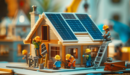 Solar panels installation on the house roof construction moment with workers, electrical equipment tools. Toy figures tilt shift effect. Renewable energy, utilities expenses, technology concept photo.の素材