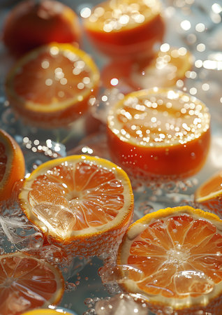 Cold tonic with ice cubes and fresh orange slices  - Ideal Summer Beverage for Cooling Off. Capturing the Essence of Food and Drink Photography.の素材