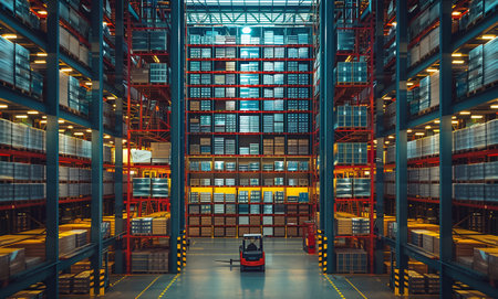 Huge fulfillment center of giant fulfillment center of e-commerce company with hundreds thousands of goods stored on Storage Racks with Reach Truck and automated storage lifts elevators robotics.の素材