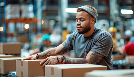 Young man packing boxes with ordered goods in Huge fulfillment center of giant e-commerce company. People manual work, retail commerce industry and worldwide international shipping concept image.の素材