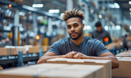People manual work, retail commerce industry and worldwide international shipping concept image.Young Latino man packing boxes with ordered goods in Huge fulfillment center of giant e-commerce companyの素材