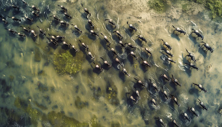 Aerial drone scenic view of Wildebeest animals big herd running crossing African river waters. Call of Nature - the Great Mammal's Migration. Beauty in Nature, cute wild animals and Eco concept image.の素材