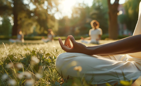 Close up photo of yoga adept's graceful palm while she meditates in park with group doing breathing exercises. Active people, Oriental practices in common life, relaxing or mental health concept imageの素材