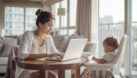 Beautiful cute scene of mom and kid uniting. Mother working on laptop doing quarterly account report, daughter child sitting in baby seat,  waiting. Maternity or Parental leave, Tax time concept imageの素材