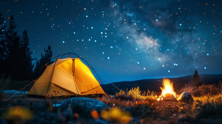 Camping tent in High mountains with light inside with glowing fireplace long exposure shot is on the mountain valley under night Universe starry sky. Camp site in night concept image.の素材