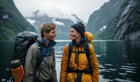 Backpackers couple with backpacks smiling to each other on mountain high altitude lake bank during autumnal mountain trekking in European Mountains. Active people in nature and relの素材