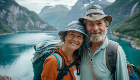 Backpackers elderly couple with backpacks smiling at camera while trekking to mountain high altitude lake Mountains. Active old people, happy retirement, sport in nature and relations concept image.の素材