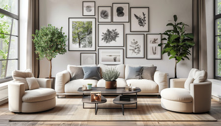 Light grey Interior Room Design: Comfortable Sofa couch with Pillows, Lamps, framed pictures, Home plants with soft full wall window light. Real Estate, Modern home, renting homes, cozy house concept.の素材