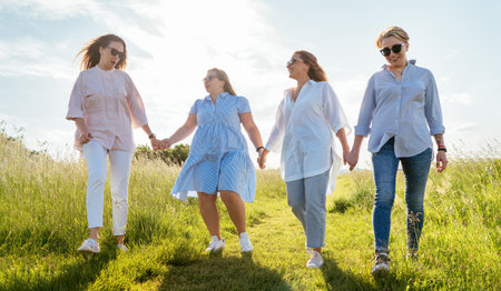 Portrait of four cheerful smiling women holding hand in hand walking by a high green grass meadow. They looking at the camera. Woman's friendship, relations, and happiness concept image.の写真素材