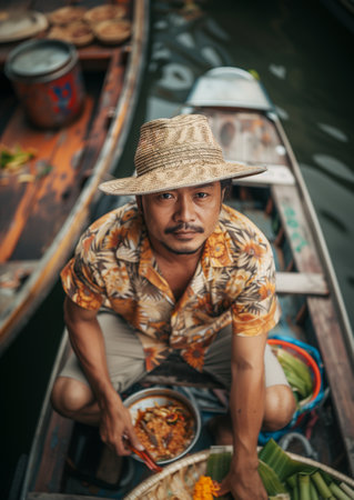 Top view Seller preparing healthy vegetarian meals dishes to locals and tourists. Beautiful image of popular Thailand landmark destination floating market. Exotic vacation and traveling concept.の素材
