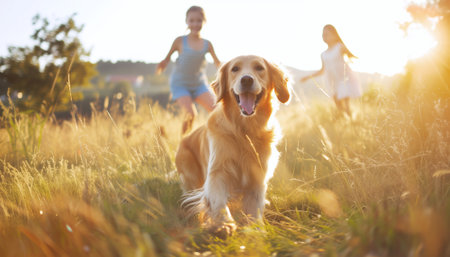 Cute golden retriever dog portrait in high grass with children kids running behind. Loyal dogs pet friendship, outdoor walking and just funny canine concept image.の素材