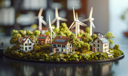 Beautiful eco-city plan miniature presentation with small houses, streets, cars, trees, railroads, wind generators. Eco-city close-up photo. Architecture future city development coの素材